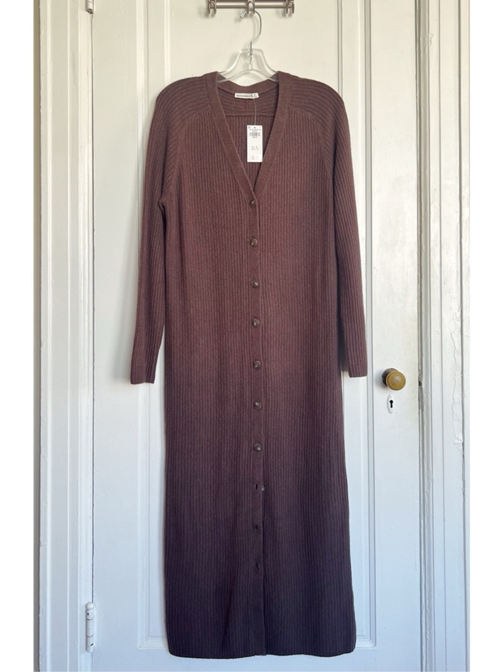 A&F • Duster Maxi Sweater Dress brown ribbed knit midi button front v-neck - Picture 2 of 10